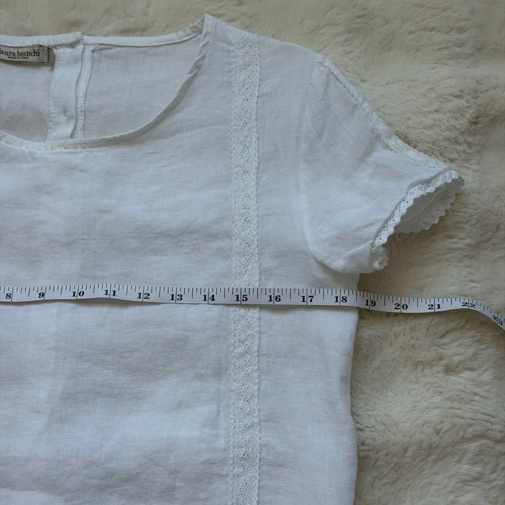 Chic Laura Bianchi White Linen Back Buttons Lace Trim Short Sleeve Women's Top-S - Picture 12 of 15